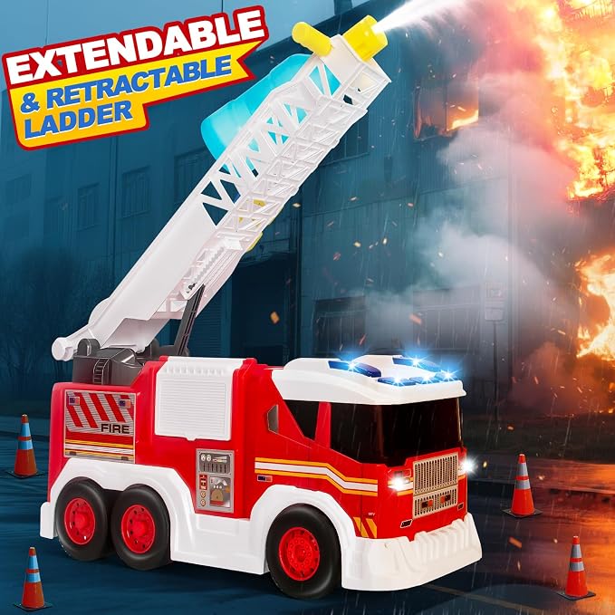 Large Fire Trucks Toys for Toddlers, Kids Toys for 3 4 5 6 7 8 Years Old Boys, 15" Firetruck Toy for Kids with Ladder, Lights, Sounds & Water Shooting, Christmas Birthday Gifts for Boys & Girls