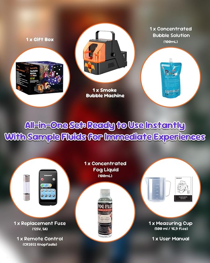 450W Fog Bubble Machine, WOOYE 3-in-1 Smoke Bubble Machine with Remote Controller, Produce Colorful Bubbles Foggy Bubbles Abundant Fog for Halloween Christmas Holiday Stages Wedding Clubs