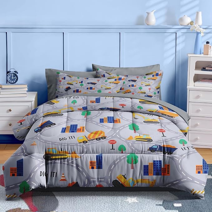 Nesker 7 Pcs Comforter Set Full Size, Construction Vehicles Car Bedding for Kids Teen, Town Tree Truck with Fitted Sheet 2 Pillowcases & 2 Shams for Bedroom Bed Decor