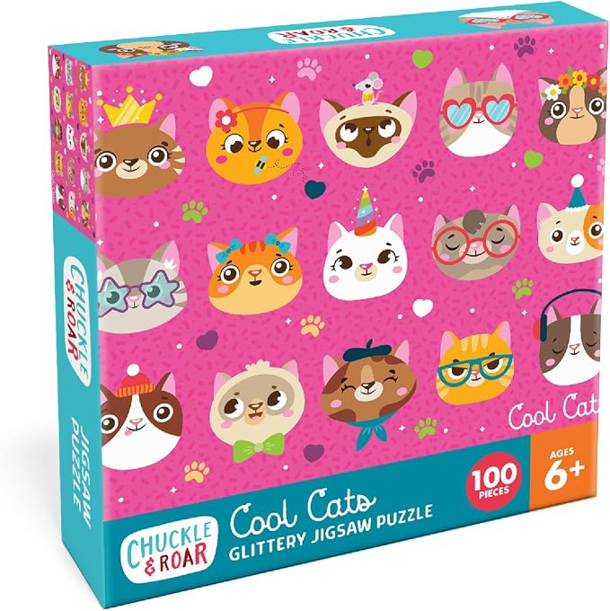 Chuckle & Roar - Cool Cats Glitter 100 Piece Jigsaw Puzzle for Kids Ages 6+ - Educational Puzzle with Glitter Accents - Fine Motor Skills and Screen Free Fun - Giftable Kids Puzzle 11 x 15 Inches