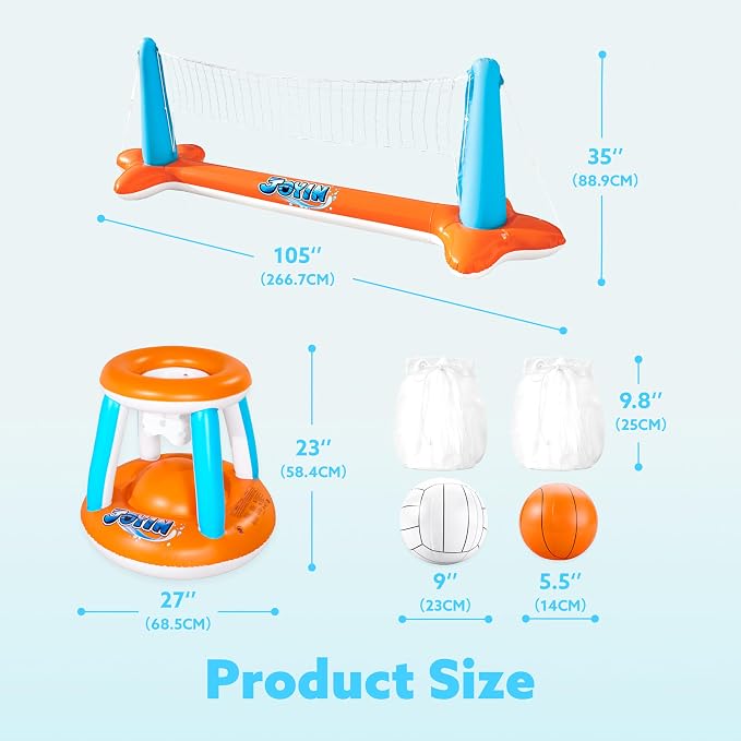JOYIN Pool Toys Games Set-Inflatable Pool Float Set Volleyball Net & Basketball Hoops, 2 in1 Floating Swimming Game Toy, Volleyball Swimming Pool Game for Kids and Adults, Backyard Beach Summer Toys