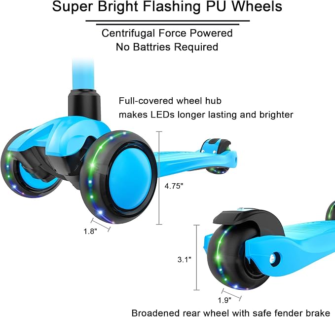 Allek Kick Scooter B03, Lean 'N Glide 3-Wheeled Push Scooter with Extra Wide PU Light-Up Wheels, Any Height Adjustable Handlebar and Strong Thick Deck for Children from 3-12yrs (Aqua Blue)