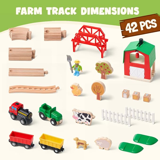 Giant bean 42PCS Wooden Farm Train Set for Toddler, Battery Operated Train Railway Track with Bridge, Barn, Animals,Tractor Cargo, Compatible with Most Brand, for Kids Boys Girls Age 3-8
