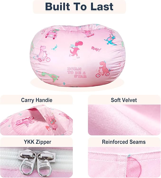 Lukeight Dinosaur Stuffed Animals Storage Bean Bag Chair Cover for Kids, Cozy Velvet Plush Toy Organizer Seat, Cover Only, No Filling Included, Long YKK Zipper, Side Pocket, X-Large 30 x 18 in