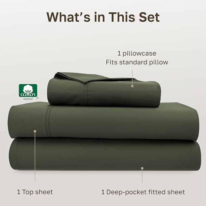 California Design Den Twin Bed Sheets Set - Soft 400 Thread Count Sateen, Natural 100% Cotton Twin Size Sheets, Deep Pockets with All Around Elastic for a Snug Fit, Durable Bedding - Forest Green