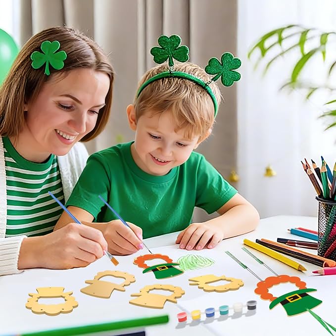 Fennoral 12 Pack St. Patrick's Day Craft Kits for Kids Make You Own Patrick's Day Picture Frame Wind Chime Kit Wooden DIY Coloring Art and Craft for Irish Classroom Art Activity Patrick's Decoration