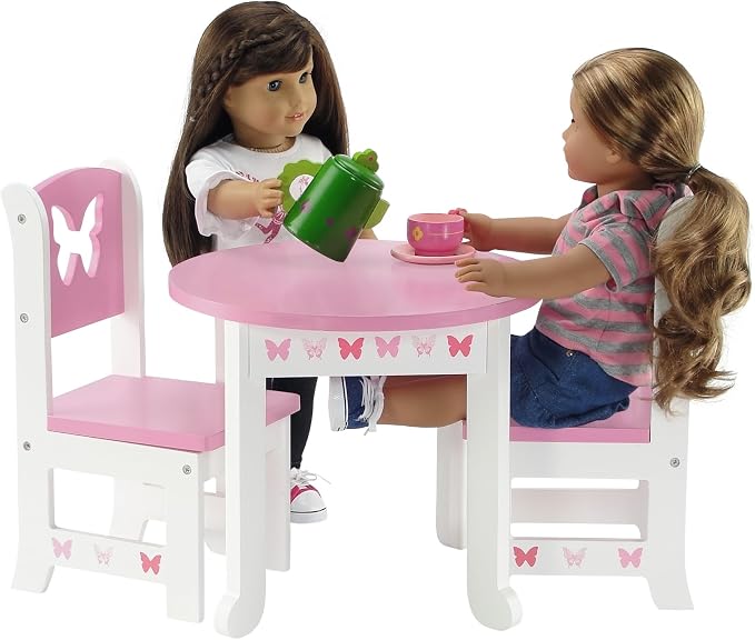 Emily Rose 18 Inch Doll Dining Table and 2 Chairs Set - Pink Butterfly Collection - Compatible with American Girl, Our Generation, My Life As & Adora Dolls - Wooden Dollhouse Furniture