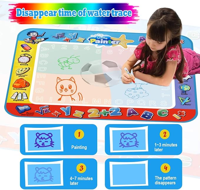 Alago Aqua Coloring Mat,Kids Toys Large Water Painting Mat,Toddlers Doodle Pad with 4 Colors,Gifts for Girls Boys Age 3 4 5+ Years Old,4 Pens,Drawing Molds and Booklet Included