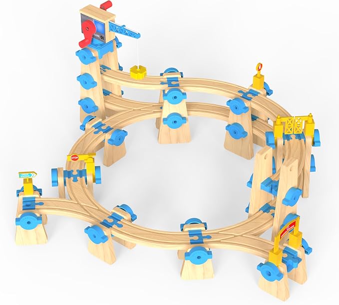 Wooden Train Tracks Build & Play Construction Set 115PCS Modular Railway STEM Toys Track Expansion Pack #3 | Build Crane Tower Bridge Ascending Track Accessories Compatible with Thomas Brio ORBRIUM