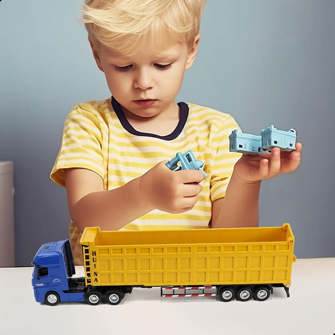 Semi Truck Box Trailer Toy, Large 1/50 for MAX Diecast Transport Trucks Model, Metal Carrier Semi Truck and Trailer Gifts for Boys Adult Model Car Collector -BlueYellow