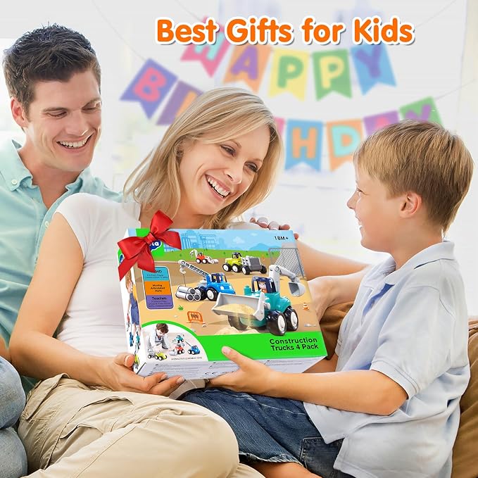 ORWINE Inertia Trucks Toy Cars, Early Educational Baby Boy Toys 18 Months, Push and Go Cars Gifts for Boys & Grils, 4PCS Construction Vehicles for Toddler Outdoor & Indoor