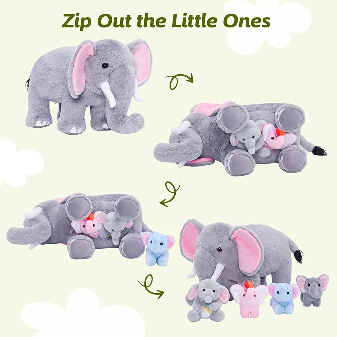 OUOZZZ Elephant Stuffed Animal with 4 Sensory Babies Plush Toy Set 14" x 6.3"