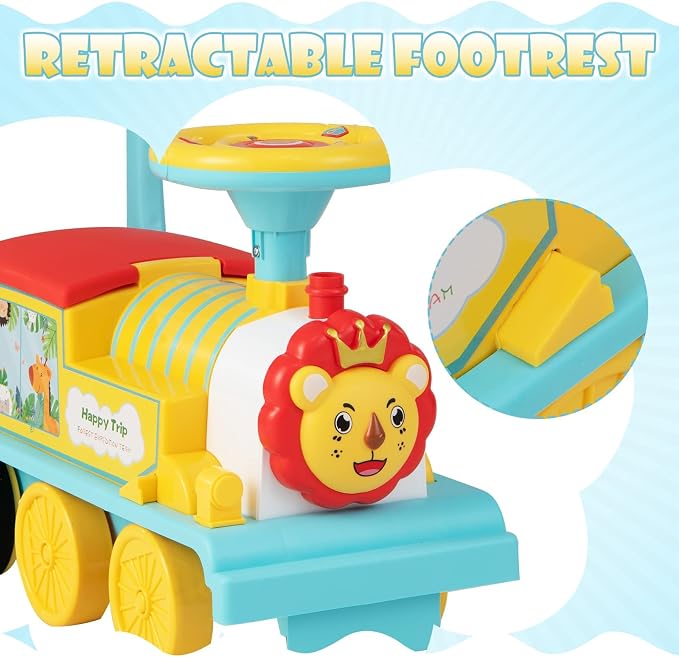 OLAKIDS Kids Ride On Train with Track, 6V Electric Toy with Lights and Sounds, Retractable Footrest, Under Seat Storage, Christmas Theme Battery Powered for Toddlers Boys Girls (1 Seater, Lion)