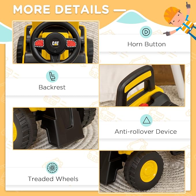 Aosom Caterpillar CAT Licensed Ride on Excavator for Kids, Digger Construction Vehicle with Manual Shovel, Horn, Hidden Storage, Foot to Floor No Power Car for Years 1.5-3