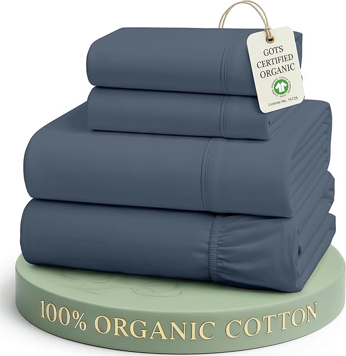 LANE LINEN King Size Sheet Set 100% Organic Cotton Soft 4pc - Estate Blue | King Sheets In GOTS Certified Organic Cotton Percale - Crisp Cool Percale Weave, Great For Gifting, Best-Value Organic Cotton
