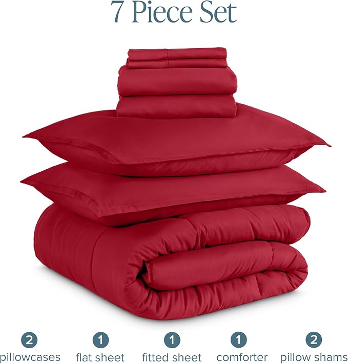 Bare Home Bed-in-A-Bag 7 Piece Comforter & Sheet Set - California King - Goose Down Alternative - Ultra-Soft 1800 Premium Bed Set (Cal King, Red/Red)