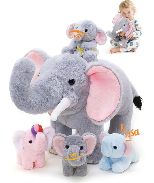 OUOZZZ Elephant Stuffed Animal with 4 Sensory Babies Plush Toy Set 14" x 6.3"