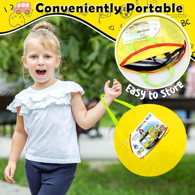Pop Up Play Tent for Kids Aged 3-5 Years Old Boys and Girls : School Bus Tent Playhouse Toy Play Tents for Toddlers 3-5 Kids Tent Indoor Outdoor Playhouse Toys for 3 + Year Old, School Bus