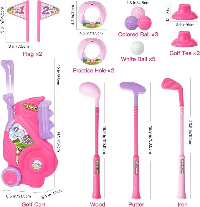 Toddler Golf Set for Girls Boys 2 3 4 Years Old, Upgraded Kids Golf Cart with 3 Clubs & 8 Balls, Outdoor Indoor Sports Toys Birthday Gift, Pink