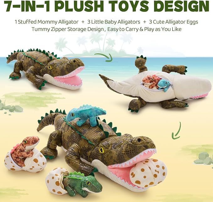 MorisMos Plush Alligator Stuffed Animal with Babies, 23.6'' Mommy Stuffed Alligator with 3 Baby Crocodile Animals & 3 Plush Eggs, Lifelike Crocodile Toys for Kid 3-5 Birthday Decor