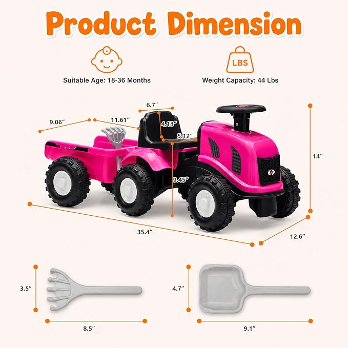 Kids Ride on Tractor, 2 in 1 Foot to Floor Push Car w/Detachable Trailer, Horn, Rake & Shovel, No Power Sliding Toy Gift for Toddlers, Outdoor Ride on Construction Vehicle (Pink)