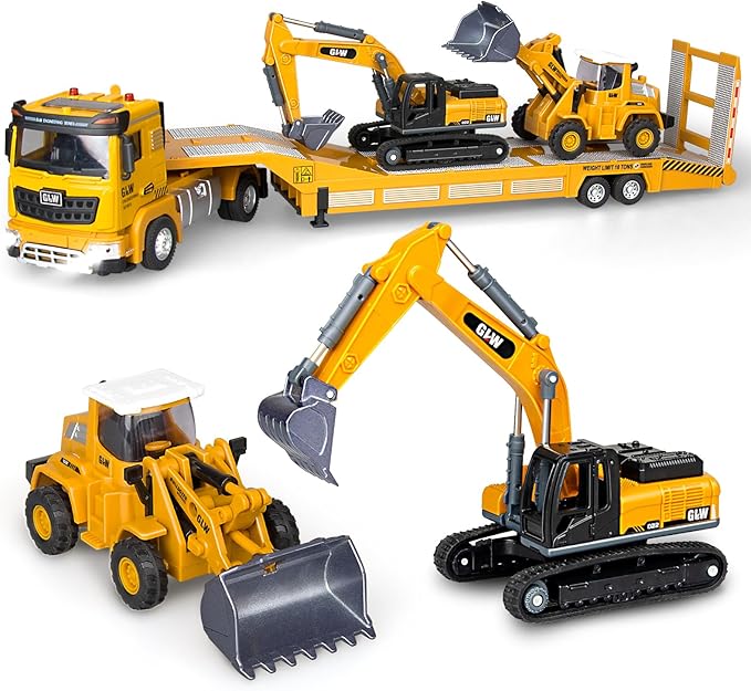 Yalujumb Toddler Boys Toys for 3-5 Years Old, Construction Toy Set w/Semi Truck, Excavator, Bulldozer, Alloy Engineering Construction Vehicles Truck Toys for Boys Age 4-7