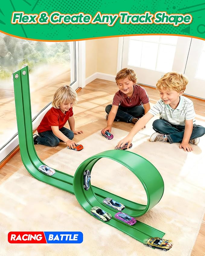 Flex Track 15 Ft Flex Race Car Track with 6 Toy Cars, Portable DIY Racetrack Compatible Diecast 1/64th Cars for Ages 3 Up with Suction Cups, Birthday Gifts for Boys(Green)