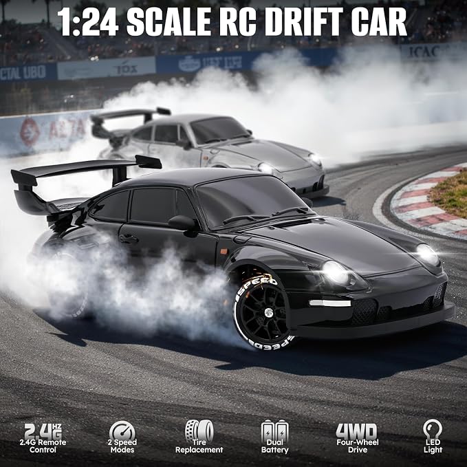 RC Drift Car,1:24 Scale Remote Control Car, 2.4GHz 20KM/H 4WD High Speed RC Cars for Kids with LED Light, Two Batteries,Drifting Tires,Racing Vehicle Toy for Adults Boys Girls Black