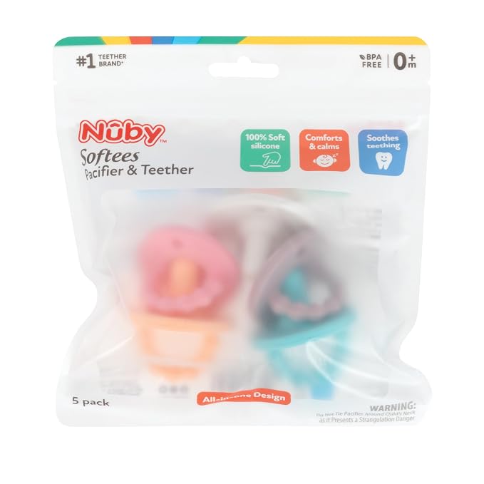 Nuby Silicone Softees Pacifier and Teethers - (5-Pack) Silicone Baby Pacifiers and Teethers - 0+ Months - Assorted Pastel Colors