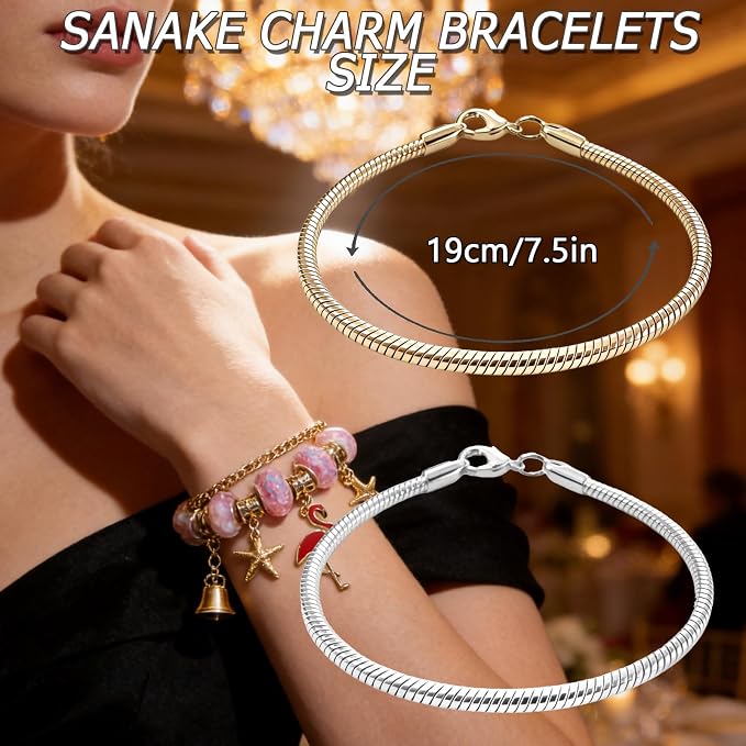 Exway 10 Pcs Snake Charm Bracelet Chain 7.5 Inch Gold and Silver Charm Bracelet Kit Snake Chain Bracelets Chain for Christmas DIY Women Jewelry Making Gifts