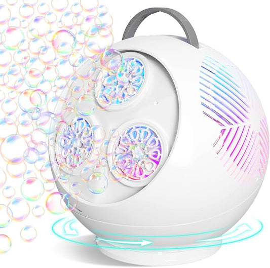 IFLOVE Bubble Machine for Kids 3+-45°/360° Rotating Bubble Blower with RGB LED Light,30000+ Bubbles Per Minute,Automatic Portable Bubble Maker for Boys Girls,Outdoor Party Easter Birthday Gift (White)