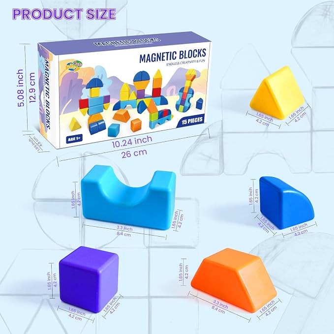 Magnetic Building Blocks, 3D Shape Set, 15 PCS for Toddlers Ages 1+ | 7 Colors, Large 1.65 Inch Magnetic Blocks, 5 Types of 3D Geometric Shapes Including Cube