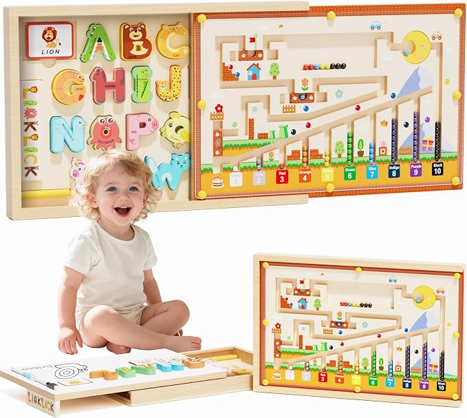 4-in-1 Magnetic Color and Number Maze, ABC Animal Alphabet Puzzles with Drawing Board, Wooden Montessori Toy Storage Box for 3-5 Year Old, Toddler Educational Learning Toy for Kids Boys Girls