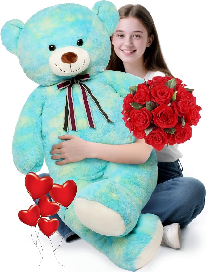 Tezituor 52in Giant Teddy Bear,Big Stuffed Animal Plush,Rainbow Green Soft Gifts for Valentine, Christmas, Birthday,Life Size Plush Toys for Grils Boys Girlfriend,Blue Green