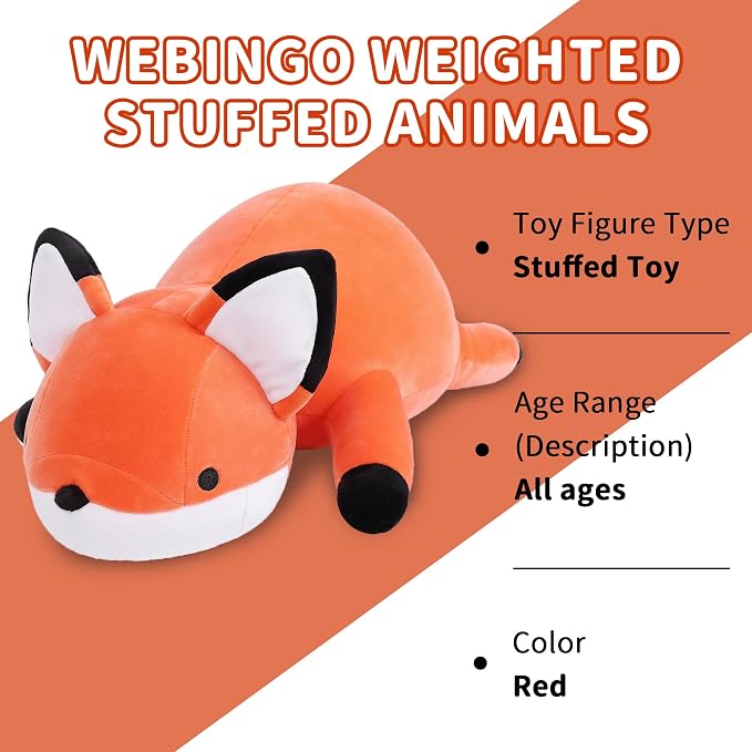 WeBingo Weighted Stuffed Animals, 24" Weighted Fox Plush Toy 4.2 Lb Soft Pillow Cute Giant Plushie Gifts for Kids & Adults