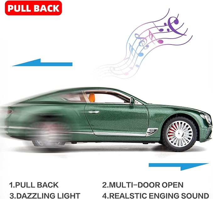 WAKAKAC Toy Car Compatible for 1/24 Bentley Continental GT Model Car Alloy Diecast Collectible Pull Back Car Toy Door Can Be Opened for Boys Girls Gift(Green)