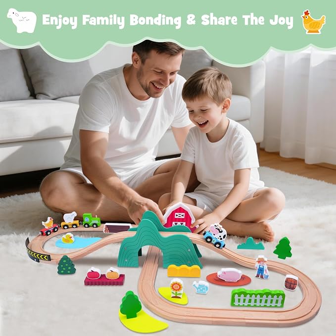 SIMPLIPLAY Wooden Train Set for Toddlers - 49PCS Farm Montessori Train Sets, Wooden Train Track for Toddlers 3-5 with Bridge & Cute Farm Animal Toys, Gifts for 3 4 5 Years Old Girls & Boys | Montessori Magnetic Train Set for Toddlers 3-5 with Bridge & ...