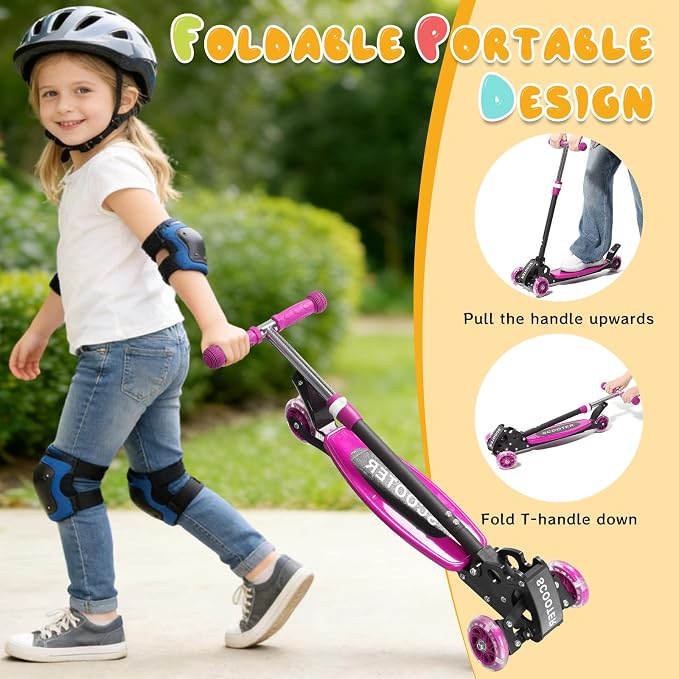 Kick Scooter for Kids Ages 6-12, Stable 3 Wheel Kids Scooter with LED Light-Up Wheels, 3 Adjustable Heights, Lean-to-Steer, Foldable, 6" Extra Wide Deck for Boys and Girls Gifts
