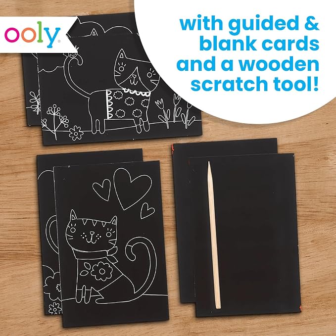 Ooly Mini Travel Crafts for Kids – 6 Card Scratch Art Kit, Compact Car & Airplane Activity, Wooden Stylus Included – Cutie Cats
