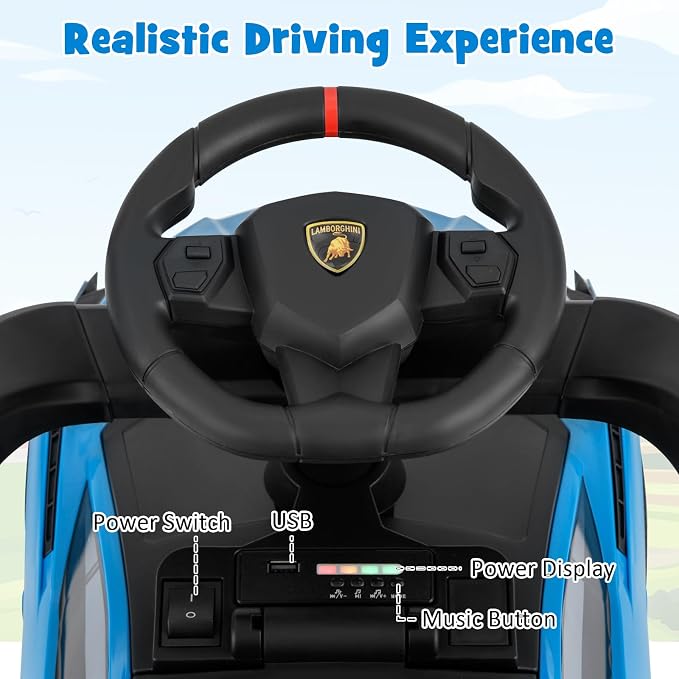 INFANS 3 in 1 Ride on Push Car, Licensed Lamborghini Baby Sliding Walking Car with Parent Control Handle, Music, USB, Headlight, Under Seat Storage, Foot-to-Floor Toy for 18-60 Months (Blue)