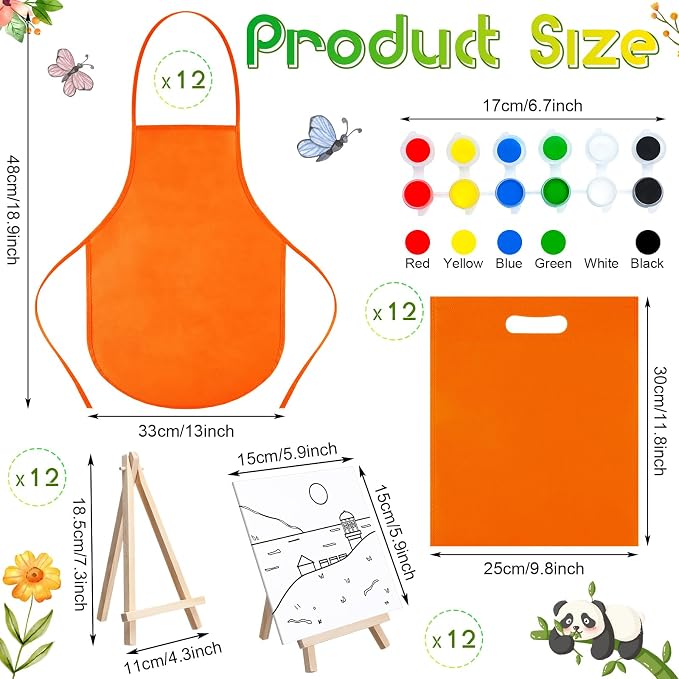 Tenceur 48 Pcs Kids Paint Party Favors Sets with 12 Pcs Animals Pre Drawn Canvas Panel and Wooden Easel Set Paint Pots and Brushes 12 Mini Apron and Tote Bag for Kids Girls Student Boys