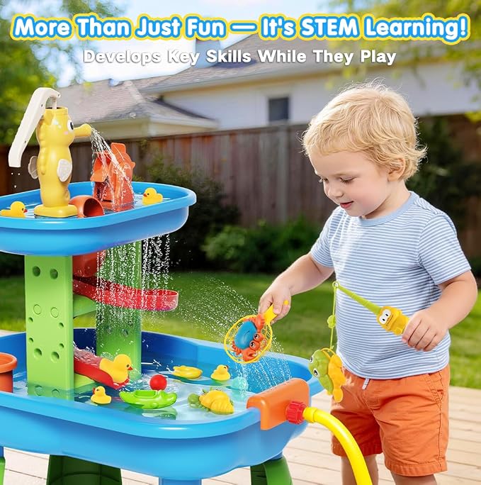 Toddler Water Table - Sensory Table for Kids with 28 Piece Sand Water Toy Set, Outdoor Water Play Table with Rain Shower Sprinkler, Summer Birthday Gift STEM Toy for Boys Girls Ages 3 4 5 6 7 8
