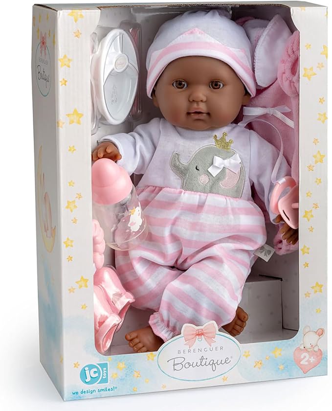 JC Toys 15" Realistic Soft Body African American Baby Doll with Open/Close Eyes Berenguer Boutique | 10 Piece Gift Set with Bottle, Rattle, Pacifier & Accessories | Pink | Ages 2+