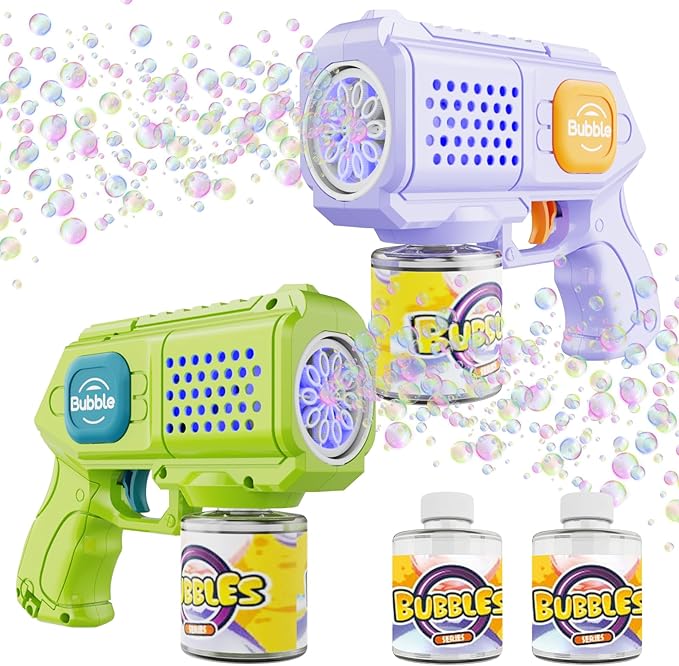 Panamalar 2 Packs Bubble Guns for Kids, Automatic Bubble Machine Gun 10000+ Bubbles/Min, 10 Holes Bubble Maker Toys with Solution/Light for Boys Girls Outdoor Wedding Party, Purple+Green