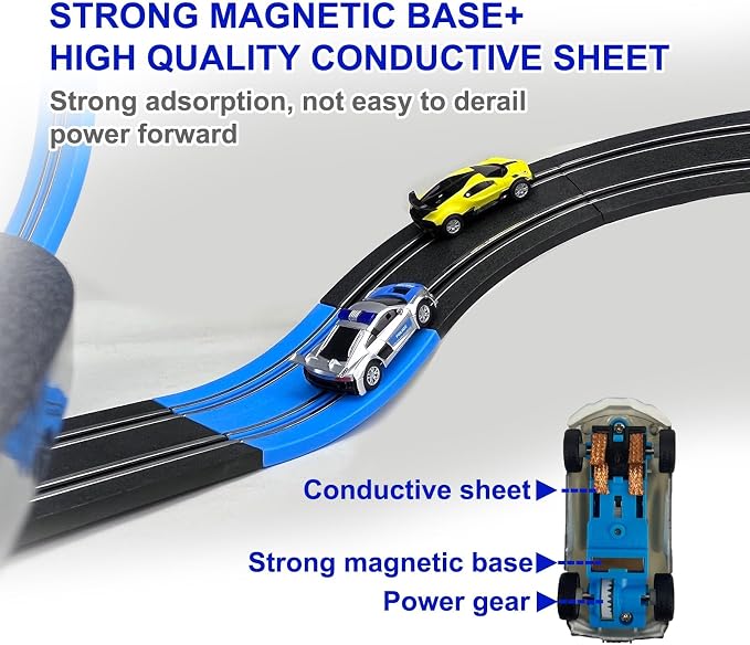 AGM MASTECH Slot Car Race Track Set, High Speed Series Tram Dual Track Set with 4 Licensed Racing Slot Cars, 2 Hand Controls, Track Parts and Lap Counter, 8.4M Long Track, Color Box