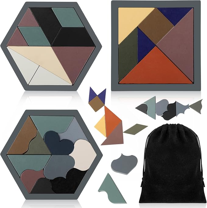 Yunsailing 3 Pack Large Wooden Blocks Puzzles Hexagon Tangram Puzzle Wooden Russian Brain Puzzles for Adult Challenge Teasers Geometric Jigsaw Logic Iq STEM Educational Gift Graduation(Stylish)