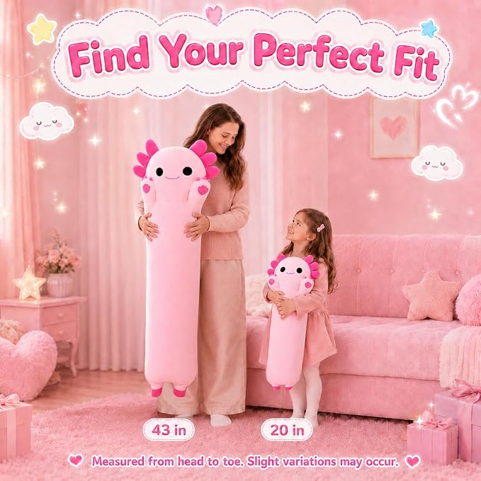Long Axolotl Stuffed Animals 35.4 inch, Soft Long Axolotl Plush Pillow Cute Plush Pillow Gifts for Kids Girlfriend, Pink