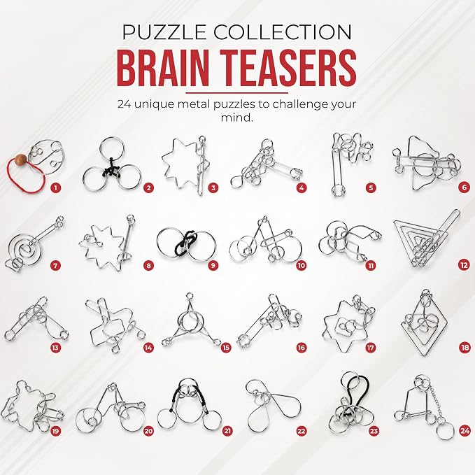 Metal Puzzles Brain Teaser, 24pcs Metal Wire Puzzles for Adults Kids Teenagers, Classical Mini Mind Ring Puzzle Set, Educational IQ Unlock Interlocking Toy Lock Puzzle Gift Set