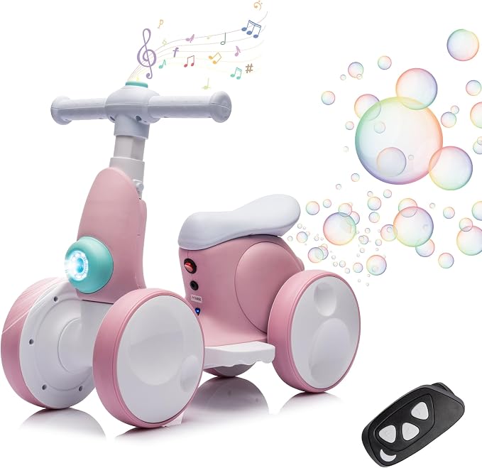 6V Electric Baby Balance Bike for 1 Year Old Boys Girls Ride on Toys 12-36 Months Toddler Balance Bike, 4 Wheels Kids First Bike with Remote Control First Birthday Gifts- Pink