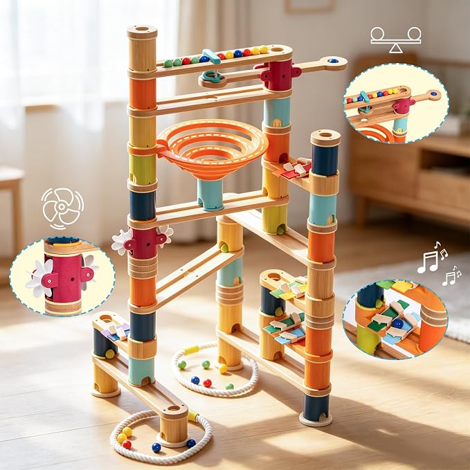 146pcs Bamboo Marble Runs Building Construction Toy Set with Musical Ball, Simple Maze for Children Age 3+